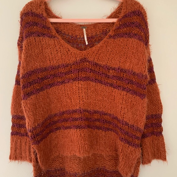 Free People Cotton Wool Blend Rust Stripe V Neck Oversized Fuzzy Sweater S - Picture 10 of 12